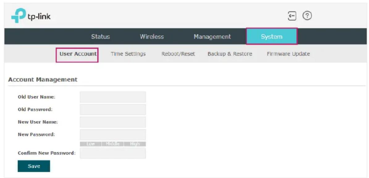 tp-link Status Wireless Management System User Account Time Settings Reboot/Reset Backup & Restore Firmware Update Account Management Old User Name: Old Password: New User Name: New Password: Low Middle High Confirm New Password: Save