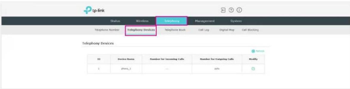 tp-link Status Wireless Telephony Management System Telephone Number Telephony Devices Telephone Book Call Log Digital Map Call Blocking Telephony Devices ID Device Name Number for Incoming Calls Number for Outgoing Calls Modify 1 phone_1 — info