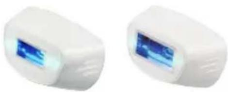 Two white electronic devices with blue display screens, no visible text or symbols