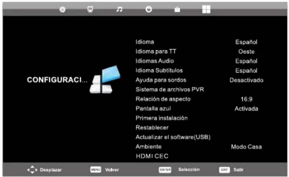 CONFIGURACI... Idioma Idioma para TT Idiomas Audio Idioma Subtitulos Ayuda para sordos Sistema de archivos PVR Relación de aspecto Pantalla azul Primera instalación Restablecer Actualizar el software(USB) Ambiente HDMI CEC Español Oeste Español Español Desactivado 16:9 Activada Modo Casa Desplazar VEND Volver ENTER Selección EXIT Salir