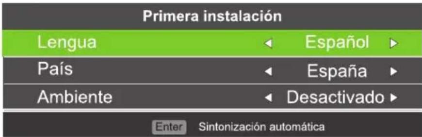 Primera instalación Lengua Español País España Ambiente Desactivado Enter Sintonización automática