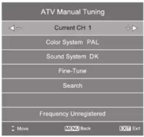 ATV Manual Tuning Current CH 1 Color System PAL Sound System DK Fine-Tune Search Frequency Unregistered Move MENU Back EXIT Ext