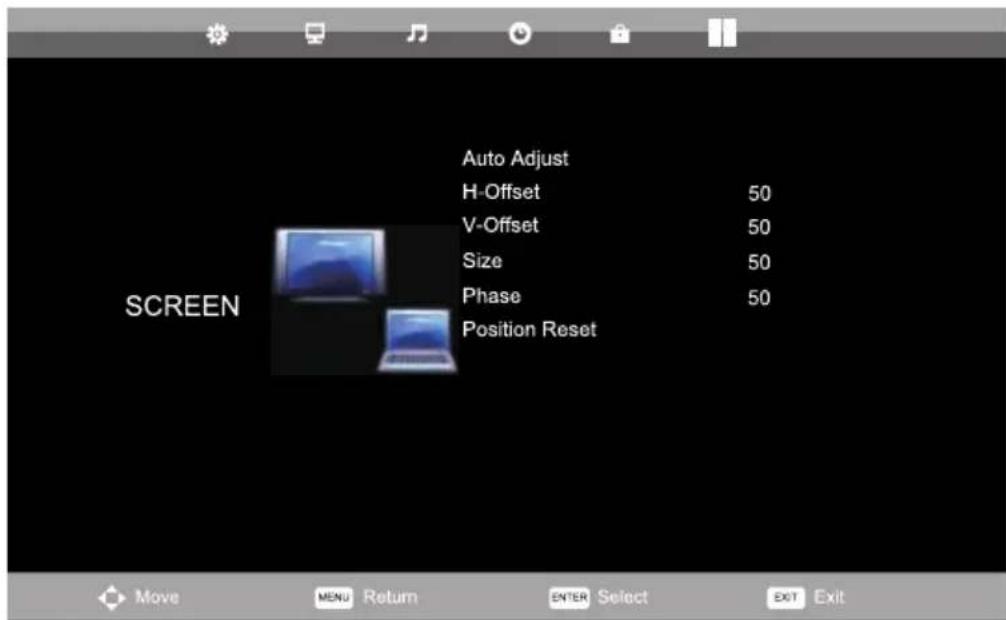 Screen Auto Adjust H-Offset 50 V-Offset 50 Size 50 Phase 50 Position Reset