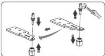 Diagram illustrating mechanical assembly steps with labeled components and directional arrows indicating motion