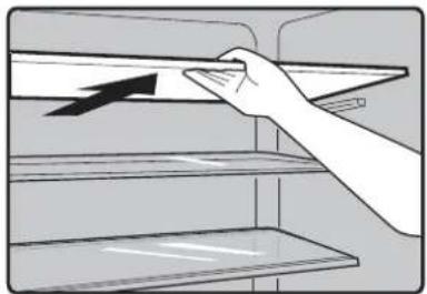 Illustration of a hand placing a rectangular object on a shelf, with no visible text or symbols