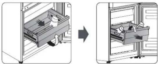 Diagram showing a person moving inside a refrigerator with an arrow indicating rotation (no text or symbols present)