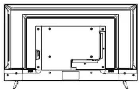 Technical line drawing of a flat-screen TV with visible door, legs, and internal structure (no text or symbols)