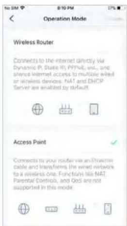 Operation Mode Wireless Router Connects to the internet directly via Dynamic IP, Static IP, PPPoE, etc., and shares Internet access to multiple wired or wireless devices. NAT and DHCP Server are enabled by default. Access Point Connects to your router via an Ethernet cable and transforms the wired n…
