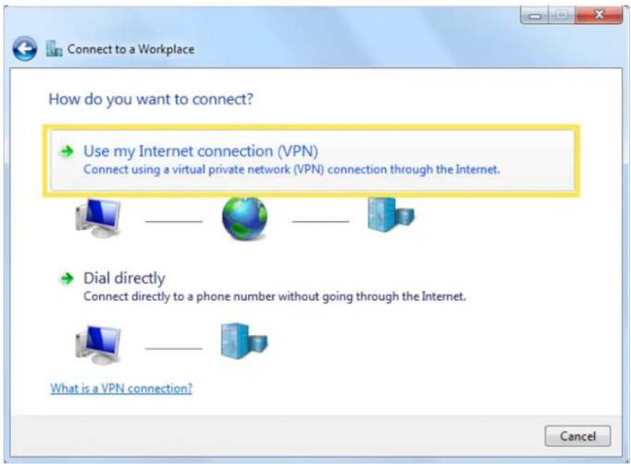 How do you want to connect? Use my Internet connection (VPN). Connect using a virtual private network (VPN) connection through the Internet. Dial directly. Connect directly to a phone number without going through the Internet. What is a VPN connection? Cancel.