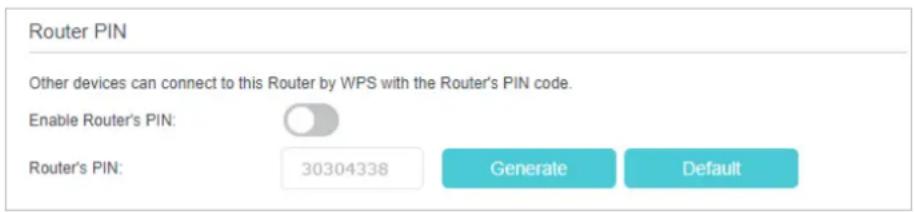 Router PIN Other devices can connect to this Router by WPS with the Router's PIN code. Enable Router's PIN: Router's PIN: 30304338 Generate Default