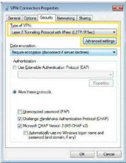 VPN Connection Properties. General Options Security Networking Sharing. Type of VPN: Layer 2 Tunneling Protocol with IPsec (L2TP/IPSec). Advanced settings. Data encryption: Require encryption (disconnect if server declines). Authentication. Use Extensible Authentication Protocol (EAP). Properties. A…