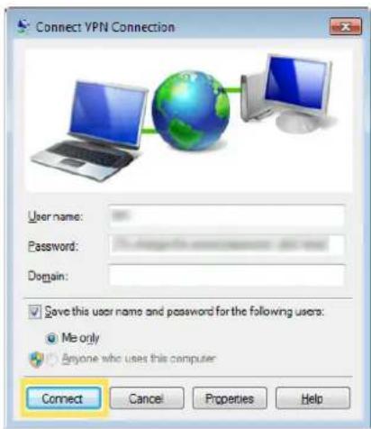 Connect VPN Connection. User name: Password: Domain: Save this user name and password for the following users: Me only. Anyone who uses this computer. Connect Cancel Properties Help.