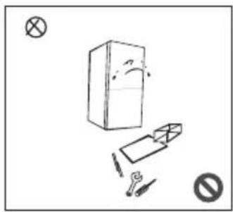 Simple line drawing of a refrigerator with tools and a crossed-out box, no text or symbols present