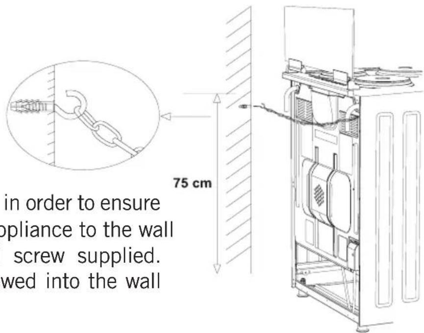 In order to ensure appliance to the wall, screw supplied. Wed into the wall 75 cm.