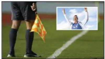 Soccer player standing on a field with a small flag, next to an inset photo of a smiling player celebrating (no visible text or symbols).