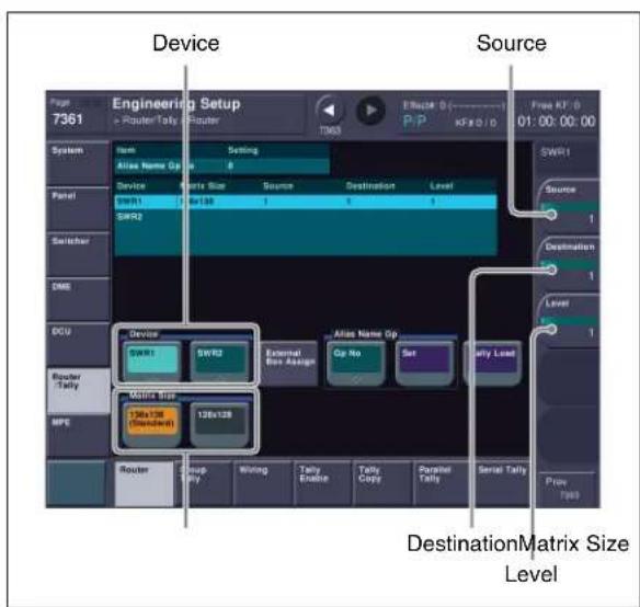 Device Engineering Setup > Router/Tally > Router T363 E-Back 0 P/P KFB/D/0 Source Free KF: 0 01:00:00:00 System Item Setting Alias Name Op 8 Service Empty Size Source Destination Level SWR1 SWR2 Switcher 1 1 1 DCU Device SWR1 SWR2 External Box Assign Alias Name Op Op No Set Sally Load Router Tally M…