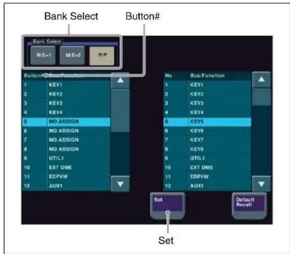 Bank Select Button# Bank Select M E-1 M E-2 P/P Button# No Bus Function 1 KEY1 2 KEY2 3 KEY3 4 KEY4 5 NO ASSIGN 6 NO ASSIGN 7 NO ASSIGN 8 NO ASSIGN 9 UTIL1 10 EXT DME 11 EDPVW 12 AUX1 Set Default Recall Set