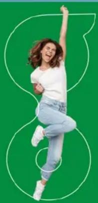 Woman jumping joyfully against a green background with white abstract lines (no text or symbols)