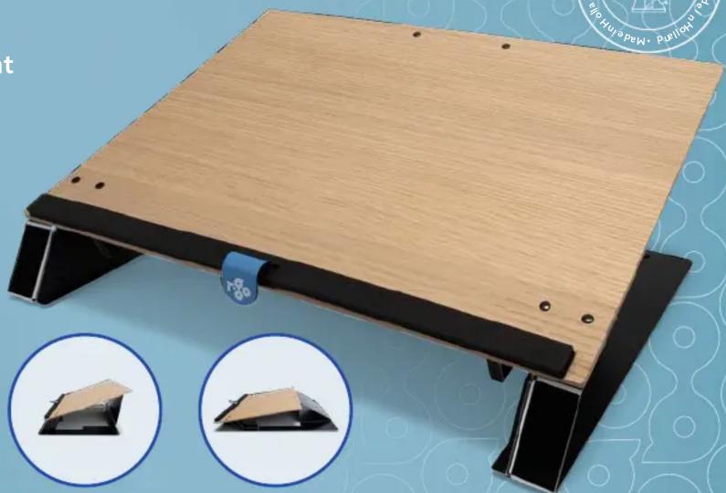 Wooden folding table with black legs and wooden panel, displayed on a patterned blue background (no text or symbols visible)