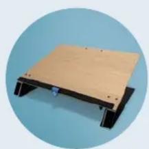 Wooden flatboard with black legs and a blue circular background (no text or symbols)