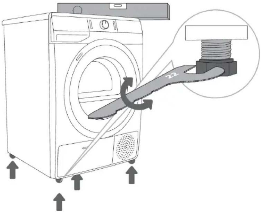 Diagram showing a washing machine with a hand holding a threaded bolt, annotated with arrows indicating motion and assembly.