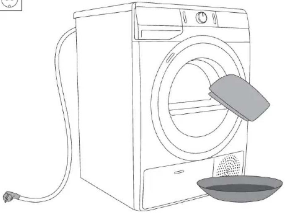 Line drawing of a washing machine with a lid and a dish nearby (no text or symbols)