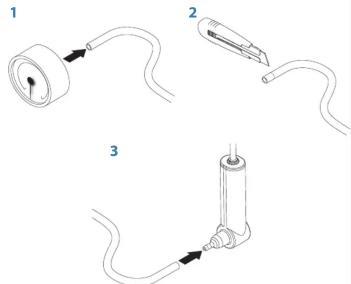 Diagram showing three labeled parts of a medical or laboratory procedure: bulb, connector, and tube with connectors.