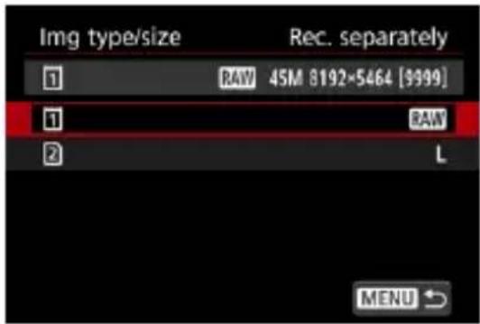 Img type/size Rec. separately 1 RAW 45M 8192×5464 [9999] 1 RAW 2 L MENU ↗