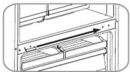 Technical line drawing of a shelving unit with horizontal bars and an arrow indicating direction (no text or symbols)