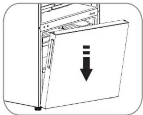 Diagram of a refrigerator with a downward arrow indicating a drop or decrease, no text or symbols present