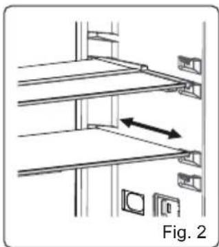 Diagram of a shelving unit with shelves and doors, showing directional movement (no text or symbols)