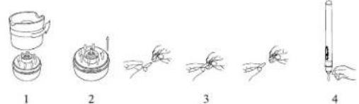 Illustration showing a four-step procedure for handling a container or container with a tool, labeled 1 to 4.