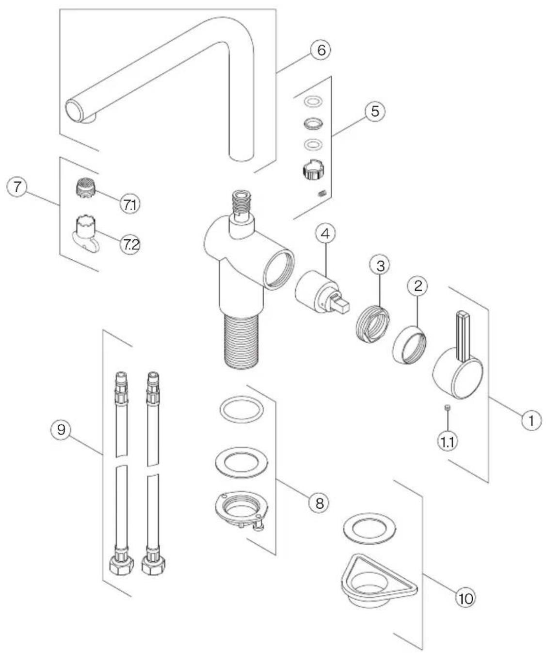 Exploded view diagram of a showerhead assembly with numbered parts for identification