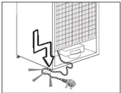 Diagram showing a lightning bolt striking a wall-mounted device, with a cable and plug inserted.