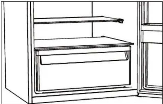 Line drawing of an open refrigerator with a drawer and side shelf (no text or symbols).