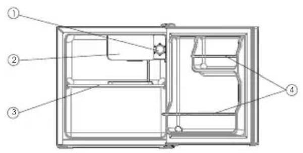 Technical diagram of a refrigerator interior with numbered components labeled 1 to 4.