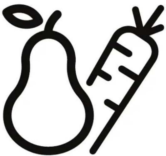 Simple line drawing of a pear and a carrot (no text or symbols)