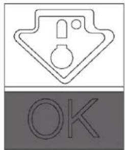 Simple line drawing of a warning sign with a bottle inside a shield, above a 'OK' button (no text or symbols on the diagram itself)