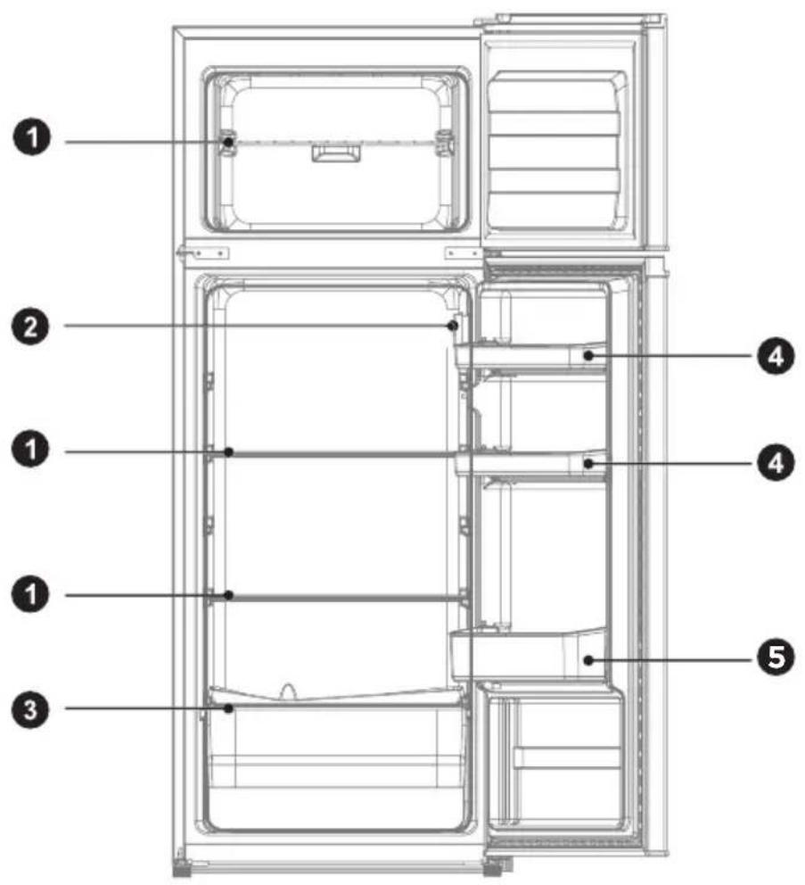 Technical diagram of a refrigerator with numbered components for identification.