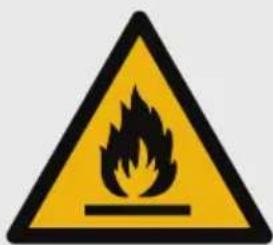 Warning sign depicting a flame symbol in yellow and black, indicating hazard or electrical hazard.