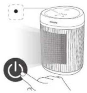 Illustration of a hand holding a power button next to a cylindrical device with a grid pattern (no text or symbols)