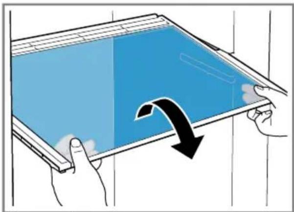 Illustration of hands holding a tablet with a blue screen and a black arrow indicating rotation (no text or symbols)