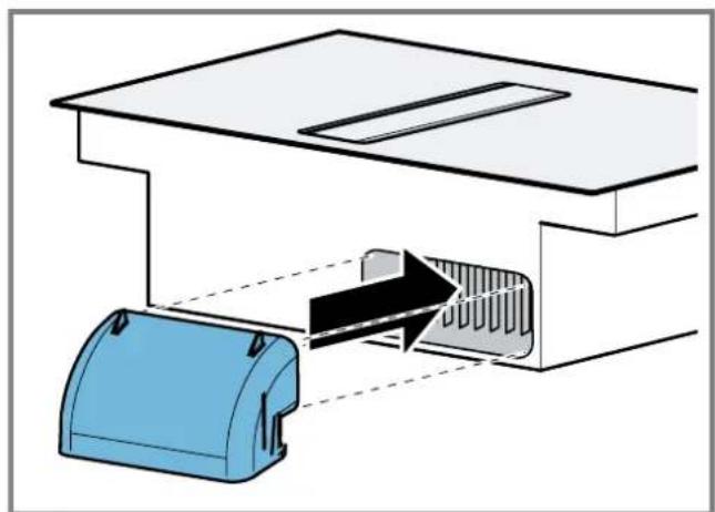 Diagram of a device with a blue box and internal air vent, showing airflow direction (no text or symbols).