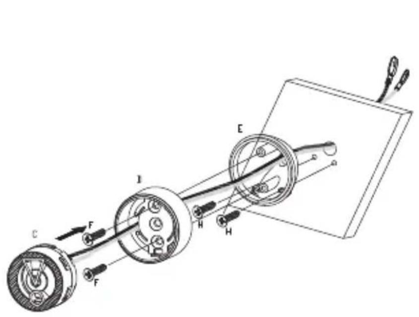 Technical diagram of a mechanical assembly with labeled components A through H, showing directional arrows and components.