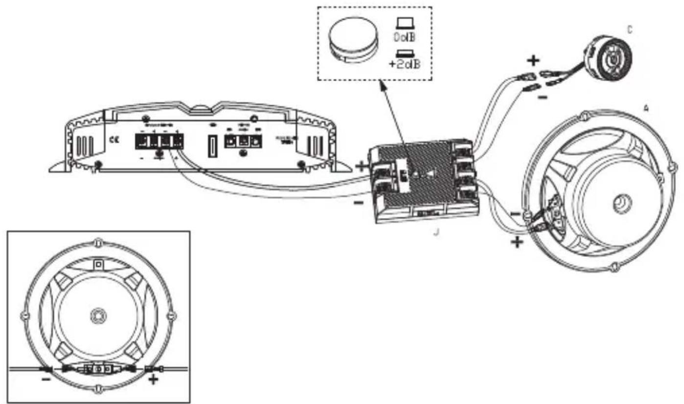 Technical diagram of an audio device with labeled components and wiring connections, including a 2dB sensor input and circular component layout.