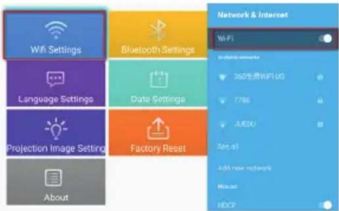 Network & Internet WiFi Bluetooth Settings Language Settings Data Settings Projection Image Setting Factory Reset About 360免费WiFiUG 7786 AUDIO Set all Add new network Model HDCP