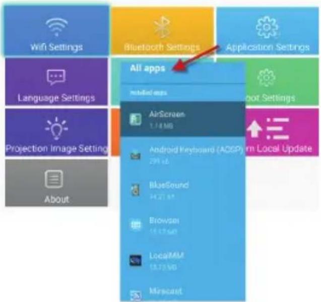 Wifi Settings Language Settings Projection Image Settings About Bluetooth Settings Application Settings All apps mIoLia6 apps AirScreen 1.74 MB Android Keyboard (ACSP) 291 KB BlueSound 14.21 MB Browser 18.12 KB LocalMM 13.75 KB Mirscard
