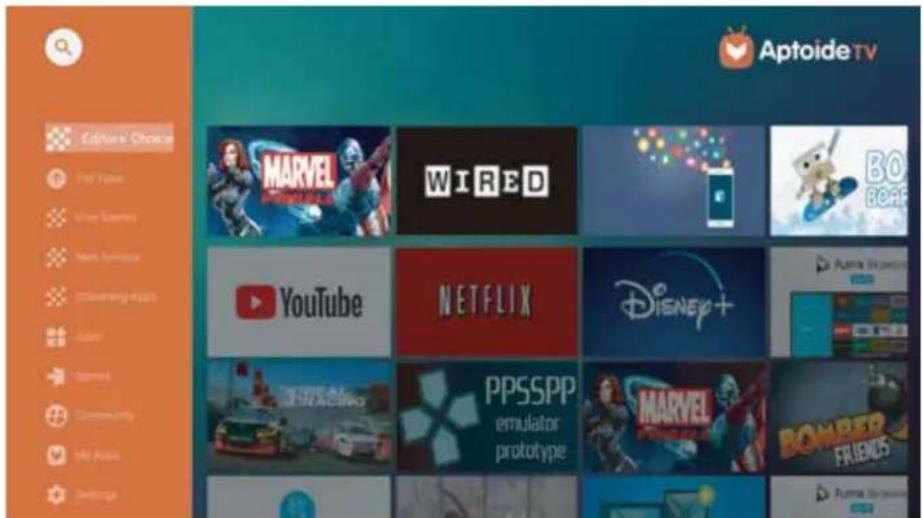 AptoideTV Culture Choice Play Tips Inlay Summary Team Funnel Streaming Apps App Store Games Community My Music Settings MARVEL Wired BO BOCAF YouTube NETFLIX Disney+ PPSSPP emulator prototype MARVEL BOMBER FRIENDS Auma Software