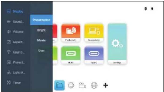 Display Sound... Volume Aspect... Keyto... Project... Light M... Timer Presentation Bright Movie User Productivity Generativity HTML TapeG Settings