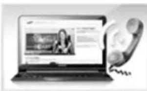 Laptop screen displaying a news app interface with a person, alongside a telephone handset illustration.